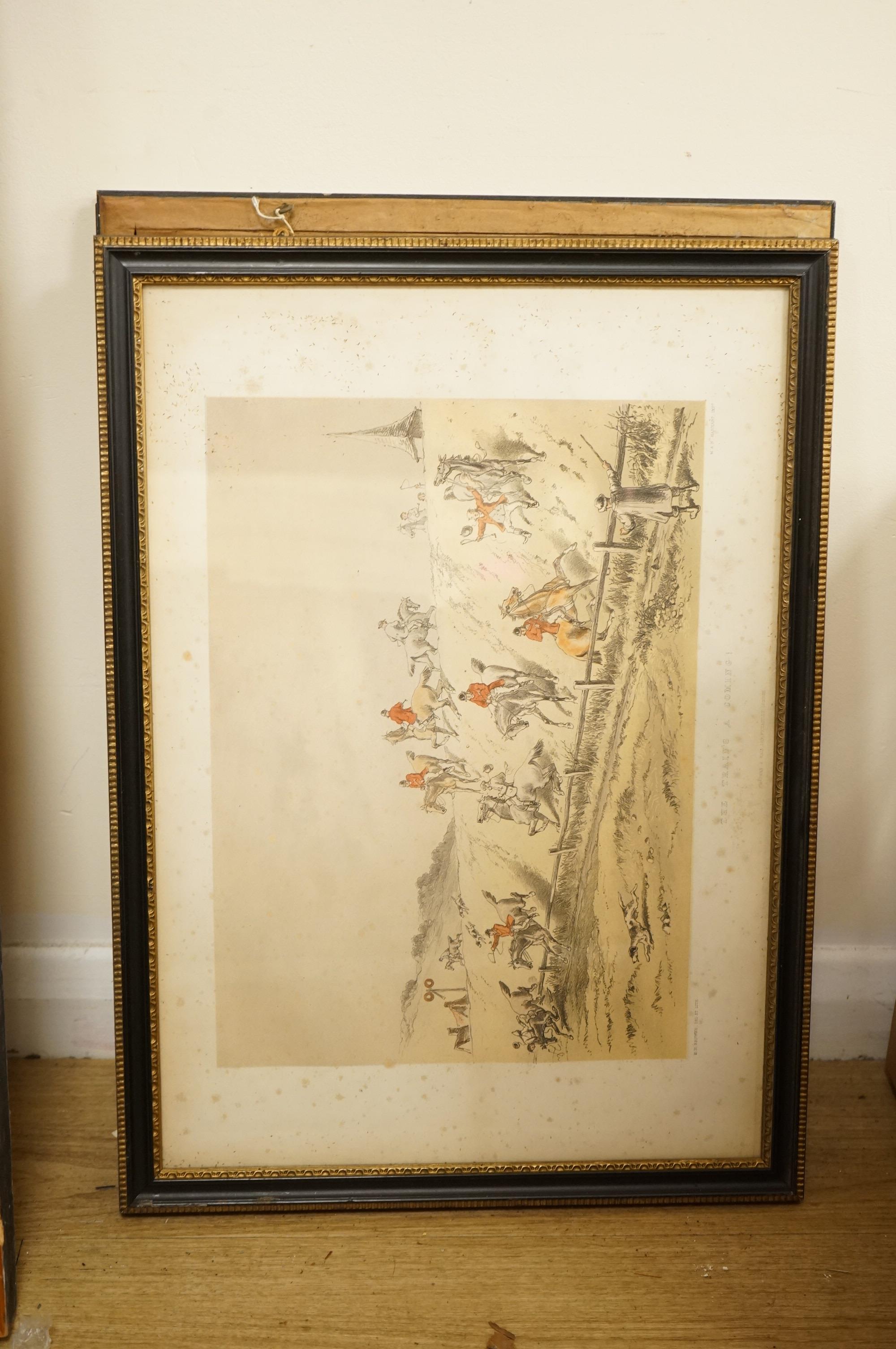 After Hablot Knight Browne (1815-1882), Hunting scenes to include 'Something like a finish', 'Founded' and 'Look before you leap', set of six colour lithographs, each 34 x 50cm